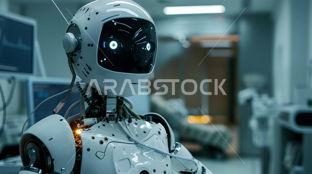 دمج التكنولوجيا الحديثة في المجال الطبي، التطور وتحقيق الثورة الصناعية، صورة مقربة لرجل آلي حديث ومتطور في احدى مستشفيات المملكة، الابتكار وعلوم الذكاء الاصطناعي، تصاميم ثلاثية الأبعاد للروبوتات المستقبلية، رؤية سعودية 2030