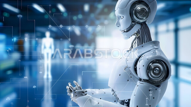 تصاميم ثلاثية الأبعاد للروبوتات المستقبلية، الابتكار وعلوم الذكاء الاصطناعي، صورة مقربة لرجل آلي حديث ومتطور يحمل بيده مجسم هيوجرامي لجسم الانسان، التطور وتحقيق الثورة الصناعية، رؤية سعودية 2030، دمج التكنولوجيا الحديثة في المجال الطبي
