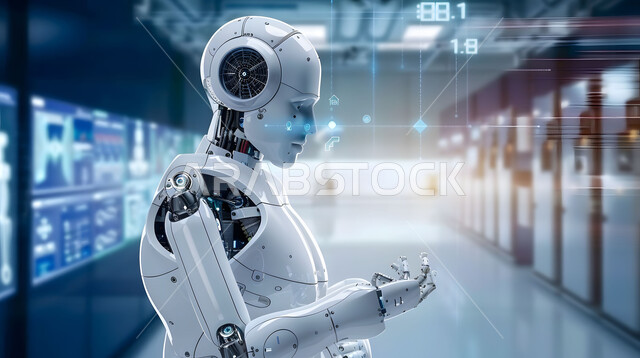 الابتكار وعلوم الذكاء الاصطناعي، صورة مقربة لرجل آلي حديث ومتطور في احدى مستشفيات المملكة، التطور وتحقيق الثورة الصناعية، تصاميم ثلاثية الأبعاد للروبوتات المستقبلية، رؤية سعودية 2030، دمج التكنولوجيا الحديثة في المجال الطبي