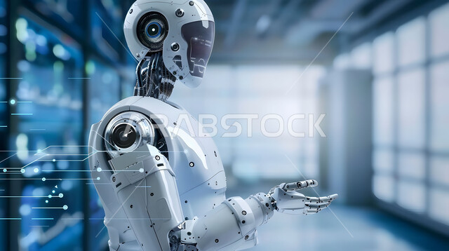 التطور وتحقيق الثورة الصناعية، صورة مقربة لرجل آلي حديث ومتطور في احدى مستشفيات المملكة، الابتكار وعلوم الذكاء الاصطناعي، تصاميم ثلاثية الأبعاد للروبوتات المستقبلية، رؤية سعودية 2030، دمج التكنولوجيا الحديثة في المجال الطبي