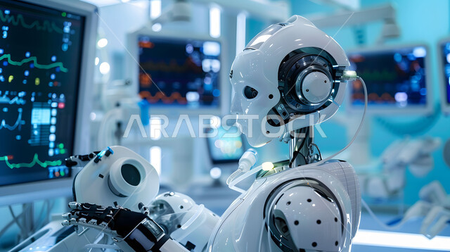 رؤية سعودية 2030، رجل آلي حديث ومتطور يقف بجانب جهاز تخطيط القلب، الابتكار وعلوم الذكاء الاصطناعي، التطور وتحقيق الثورة الصناعية، تصاميم ثلاثية الأبعاد للروبوتات المستقبلية، دمج التكنولوجيا الحديثة في المجال الطبي