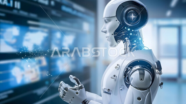 الابتكار وعلوم الذكاء الاصطناعي، صورة مقربة لرجل آلي حديث ومتطور في احدى مستشفيات المملكة، التطور وتحقيق الثورة الصناعية، تصاميم ثلاثية الأبعاد للروبوتات المستقبلية، رؤية سعودية 2030، دمج التكنولوجيا الحديثة في المجال الطبي