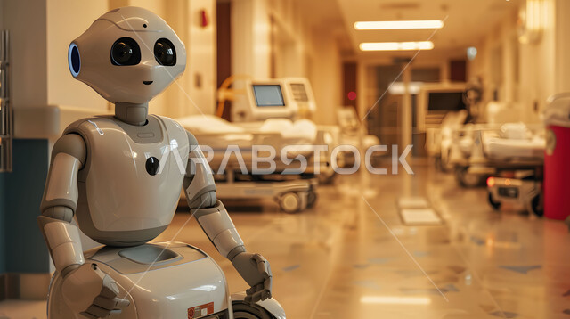 دمج التكنولوجيا الحديثة في المجال الطبي، التطور وتحقيق الثورة الصناعية، صورة مقربة لرجل آلي حديث ومتطور في احدى مستشفيات المملكة، الابتكار وعلوم الذكاء الاصطناعي، تصاميم ثلاثية الأبعاد للروبوتات المستقبلية، رؤية سعودية 2030