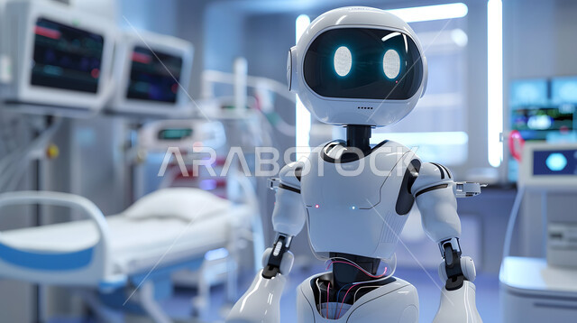 دمج التكنولوجيا الحديثة في المجال الطبي، التطور وتحقيق الثورة الصناعية، صورة مقربة لرجل آلي حديث ومتطور في احدى مستشفيات المملكة، الابتكار وعلوم الذكاء الاصطناعي، تصاميم ثلاثية الأبعاد للروبوتات المستقبلية، رؤية سعودية 2030