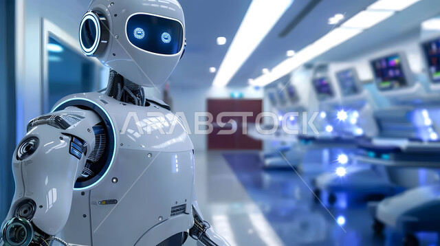 التطور وتحقيق الثورة الصناعية، صورة مقربة لرجل آلي حديث ومتطور في احدى مستشفيات المملكة، الابتكار وعلوم الذكاء الاصطناعي، تصاميم ثلاثية الأبعاد للروبوتات المستقبلية، رؤية سعودية 2030، دمج التكنولوجيا الحديثة في المجال الطبي