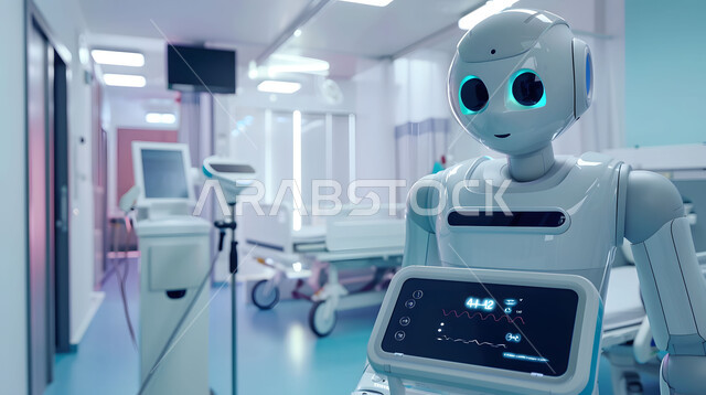 الابتكار وعلوم الذكاء الاصطناعي، صورة مقربة لرجل آلي حديث ومتطور في احدى مستشفيات المملكة، التطور وتحقيق الثورة الصناعية، تصاميم ثلاثية الأبعاد للروبوتات المستقبلية، رؤية سعودية 2030، دمج التكنولوجيا الحديثة في المجال الطبي