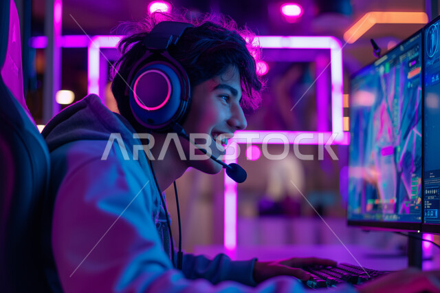 التطور التقني والتكنولوجي للأجهزة الحديثة، تعابير وإيماءات الإندماج والتفاعل مع اللعبة، التسلية والمتعة بألعاب الفيديو في أوقات الفراغ، شاب مراهق عربي خليجي سعودي يضع سماعات الرأس يقوم بلعب البلايستيشين، أنشطة ترفيهية ممتعة