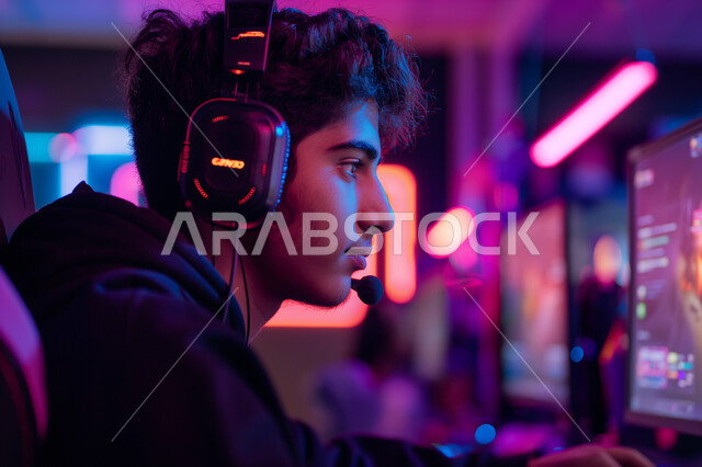 إيماءات وتعابير الإندماج والتفاعل مع اللعبة، التسلية والمتعة بألعاب الفيديو في أوقات الفراغ، شاب مراهق عربي خليجي سعودي يضع سماعات الرأس يقوم بلعب البلايستيشين، التطور التقني والتكنولوجي للأجهزة الحديثة، أنشطة ترفيهية ممتعة