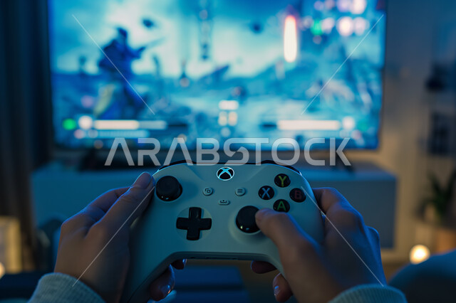 Entertaining computer programs, the concept of fun and amusement, enjoying modern techniques and technology, a close-up picture of the hand of a Saudi Arabian Gulf man holding a gaming joystick in his hand and playing video games.