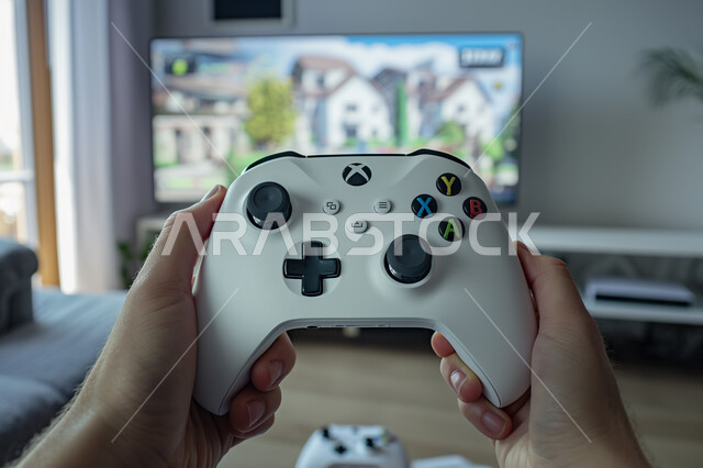 The concept of fun and entertainment, entertainment computer programs, enjoying modern techniques and technology, a close-up picture of the hand of a Saudi Arabian Gulf man holding a gaming joystick in his hand and playing video games.