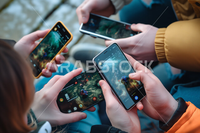 استخدام الاجهزة التقنية والتكنولوجيا المتطورة، صورة مقربة لأيدي مجموعة من الأصدقاء يقومون بلعب ألعاب الفيديو عبر الهاتف المحمول، قضاء أوقات ممتعة ومسلية في أوقات الفراغ، البرامج والتطبيقات الترفيهية الحديثة