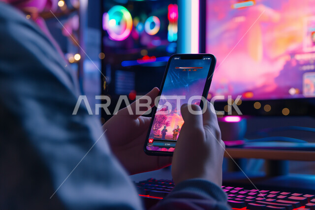 Modern entertainment programs and applications, the use of technical devices and advanced technology, a close-up picture of the hand of a Saudi Gulf Arab young man transferring video games from the mobile phone to the computer, spending fun and entertaining times in his free time.