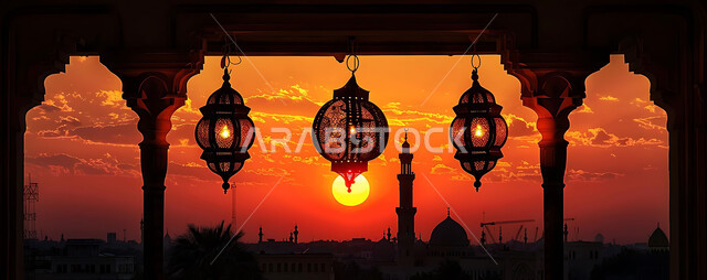 التصاميم الهندسية التقليدية للفوانيس المعدنية, الأجواء الدينية الروحانية, صورة ظلية لمنظر غروب الشمس, زينة وديكورات الأعياد والمناسبات الاسلامية, احتفال المسلمين بقدوم شهر رمضان المبارك, سالويت