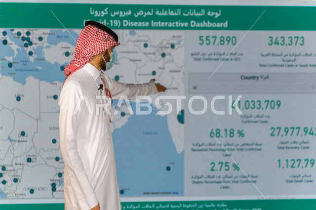 مذيع و اعلامي سعودي خليجي يمتلك المهارة بتقديم النشرات الاخبارية  الخاصة بمنظمة الصحة العالمية  ، استخدام تقنية الجرافيكس في تقديم اخبار احصائيات لمرض فيروس كورونا ، أخبار عالمية  صحية عاجلة ،الاخبار و الاعلام ، قراء النشرات الاخبارية لاحصائيات انتشار فير