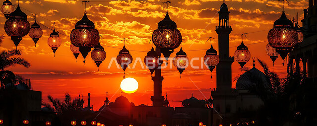 تحف دينية للاحتفال بقدوم شهر الخير, صورة ظلية لمنظر غروب الشمس, زينة واكسسورات الأعياد والمناسبات الاسلامية, التصميم الهندسي التقليدي للفوانيس المعدنية المعلقة في مساجد المملكة العربية السعودية, سالويت