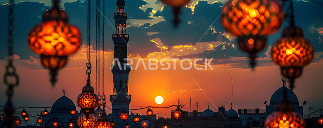 تحف دينية للاحتفال بقدوم شهر الخير, صورة ظلية لمنظر غروب الشمس, زينة واكسسورات الأعياد والمناسبات الاسلامية, التصميم الهندسي التقليدي للفوانيس المعدنية المعلقة في مساجد المملكة العربية السعودية, سالويت