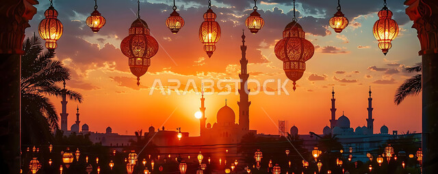 تحف دينية للاحتفال بقدوم شهر الخير, صورة ظلية لمنظر غروب الشمس, زينة واكسسورات الأعياد والمناسبات الاسلامية, التصميم الهندسي التقليدي للفوانيس المعدنية المعلقة في مساجد المملكة العربية السعودية, سالويت