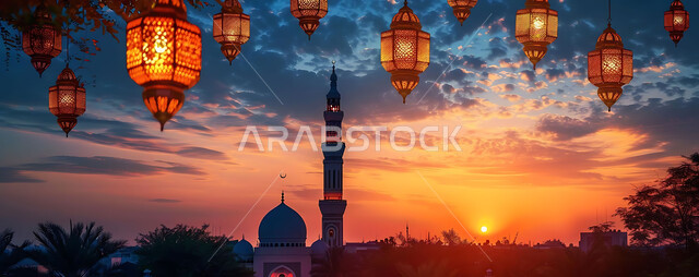 Religious antiques to celebrate the coming of the month of goodness, a silhouette of a sunset view, decorations and accessories for Islamic holidays and occasions, the traditional geometric design of metal lanterns hanging in mosques in the Kingdom of Saudi Arabia, Saluit