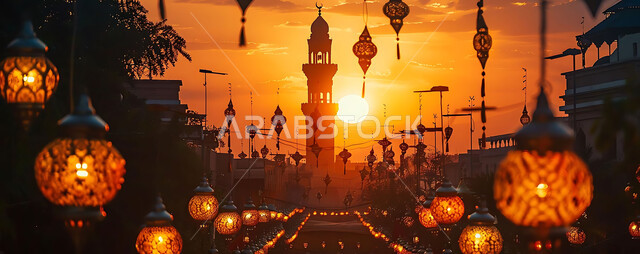 تحف دينية للاحتفال بقدوم شهر الخير, صورة ظلية لمنظر غروب الشمس, زينة واكسسورات الأعياد والمناسبات الاسلامية, التصميم الهندسي التقليدي للفوانيس المعدنية المعلقة في مساجد المملكة العربية السعودية, سالويت