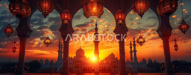 تحف دينية للاحتفال بقدوم شهر الخير, صورة ظلية لمنظر غروب الشمس, زينة واكسسورات الأعياد والمناسبات الاسلامية, التصميم الهندسي التقليدي للفوانيس المعدنية المعلقة في مساجد المملكة العربية السعودية, سالويت
