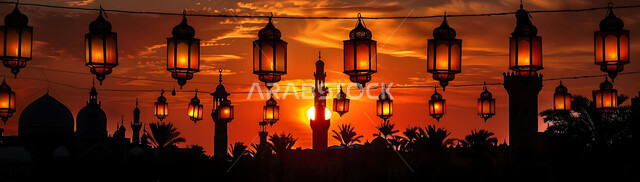 تحف دينية للاحتفال بقدوم شهر الخير, صورة ظلية لمنظر غروب الشمس, زينة واكسسورات الأعياد والمناسبات الاسلامية, التصميم الهندسي التقليدي للفوانيس المعدنية المعلقة في مساجد المملكة العربية السعودية, سالويت