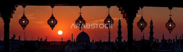 تحف دينية للاحتفال بقدوم شهر الخير, صورة ظلية لمنظر غروب الشمس, زينة واكسسورات الأعياد والمناسبات الاسلامية, التصميم الهندسي التقليدي للفوانيس المعدنية المعلقة في مساجد المملكة العربية السعودية, سالويت
