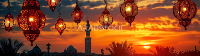 تحف دينية للاحتفال بقدوم شهر الخير, صورة ظلية لمنظر غروب الشمس, زينة واكسسورات الأعياد والمناسبات الاسلامية, التصميم الهندسي التقليدي للفوانيس المعدنية المعلقة في مساجد المملكة العربية السعودية, سالويت