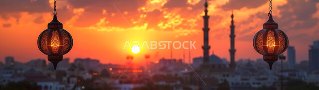 تحف دينية للاحتفال بقدوم شهر الخير, صورة ظلية لمنظر غروب الشمس, زينة واكسسورات الأعياد والمناسبات الاسلامية, التصميم الهندسي التقليدي للفوانيس المعدنية المعلقة في مساجد المملكة العربية السعودية, سالويت