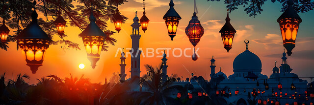 تحف دينية للاحتفال بقدوم شهر الخير, صورة ظلية لمنظر غروب الشمس, زينة واكسسورات الأعياد والمناسبات الاسلامية, التصميم الهندسي التقليدي للفوانيس المعدنية المعلقة في مساجد المملكة العربية السعودية, سالويت