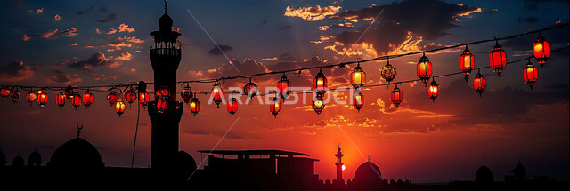 تحف دينية للاحتفال بقدوم شهر الخير, صورة ظلية لمنظر غروب الشمس, زينة واكسسورات الأعياد والمناسبات الاسلامية, التصميم الهندسي التقليدي للفوانيس المعدنية المعلقة في مساجد المملكة العربية السعودية, سالويت