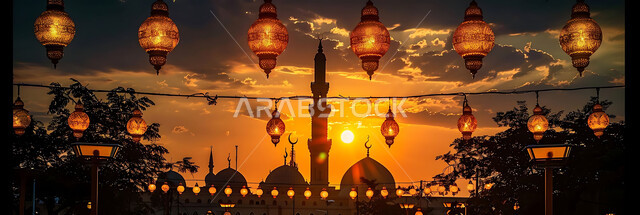تحف دينية للاحتفال بقدوم شهر الخير, صورة ظلية لمنظر غروب الشمس, زينة واكسسورات الأعياد والمناسبات الاسلامية, التصميم الهندسي التقليدي للفوانيس المعدنية المعلقة في مساجد المملكة العربية السعودية, سالويت