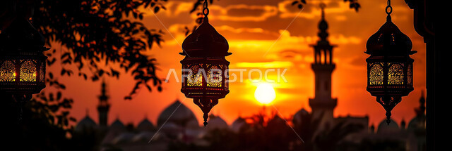 تحف دينية للاحتفال بقدوم شهر الخير, صورة ظلية لمنظر غروب الشمس, زينة واكسسورات الأعياد والمناسبات الاسلامية, التصميم الهندسي التقليدي للفوانيس المعدنية المعلقة في مساجد المملكة العربية السعودية, سالويت
