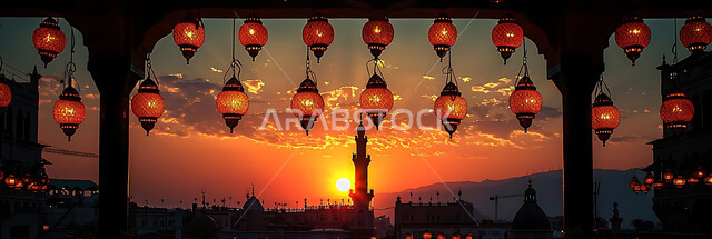 تحف دينية للاحتفال بقدوم شهر الخير, صورة ظلية لمنظر غروب الشمس, زينة واكسسورات الأعياد والمناسبات الاسلامية, التصميم الهندسي التقليدي للفوانيس المعدنية المعلقة في مساجد المملكة العربية السعودية, سالويت