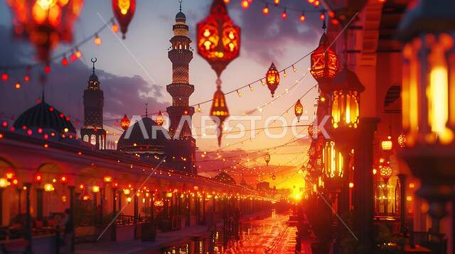 التصميم الهندسي التقليدي للفوانيس المزخرفة والتحف والاكسسوارات المعدنية, احتفال المسلمين بقدوم شهر الخير, صورة ظلية لزينة المساجد في المملكة العربية السعودية للاحتفال بالمناسبات والأعياد الاسلامية, أجواء روحانية رمضانية هادئة, سالويت