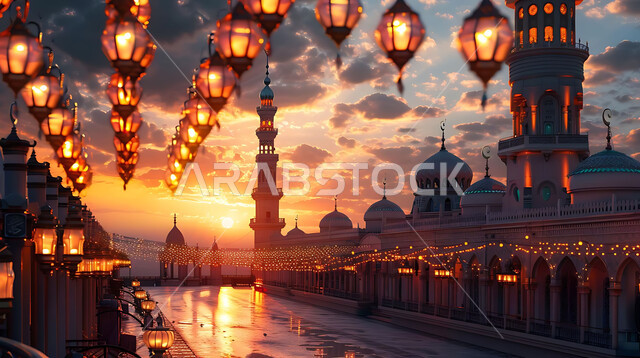 التصميم الهندسي التقليدي للفوانيس المزخرفة والتحف والاكسسوارات المعدنية, احتفال المسلمين بقدوم شهر الخير, صورة ظلية لزينة المساجد في المملكة العربية السعودية للاحتفال بالمناسبات والأعياد الاسلامية, أجواء روحانية رمضانية هادئة, سالويت