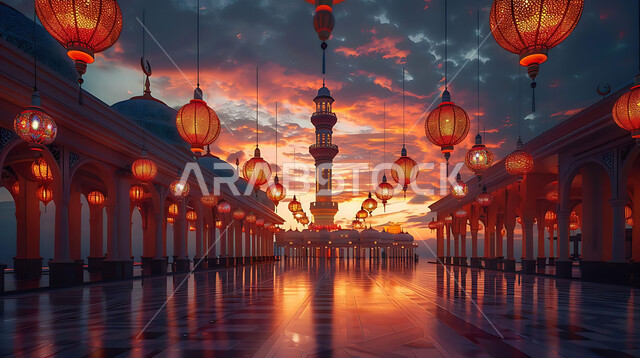 التصميم الهندسي التقليدي للفوانيس المزخرفة والتحف والاكسسوارات المعدنية, احتفال المسلمين بقدوم شهر الخير, صورة ظلية لزينة المساجد في المملكة العربية السعودية للاحتفال بالمناسبات والأعياد الاسلامية, أجواء روحانية رمضانية هادئة, سالويت