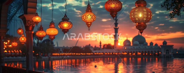 التصميم الهندسي التقليدي للفوانيس المزخرفة والتحف والاكسسوارات المعدنية, احتفال المسلمين بقدوم شهر الخير, صورة ظلية لزينة المساجد في المملكة العربية السعودية للاحتفال بالمناسبات والأعياد الاسلامية, أجواء روحانية رمضانية هادئة, سالويت