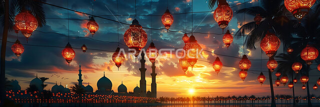 التصميم الهندسي التقليدي للفوانيس المزخرفة والتحف والاكسسوارات المعدنية, احتفال المسلمين بقدوم شهر الخير, صورة ظلية لزينة المساجد في المملكة العربية السعودية للاحتفال بالمناسبات والأعياد الاسلامية, أجواء روحانية رمضانية هادئة, سالويت