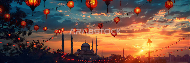 التصميم الهندسي التقليدي للفوانيس المزخرفة والتحف والاكسسوارات المعدنية, احتفال المسلمين بقدوم شهر الخير, صورة ظلية لزينة المساجد في المملكة العربية السعودية للاحتفال بالمناسبات والأعياد الاسلامية, أجواء روحانية رمضانية هادئة, سالويت