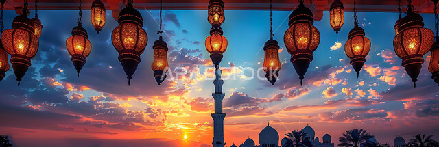 التصميم الهندسي التقليدي للفوانيس المزخرفة والتحف والاكسسوارات المعدنية, احتفال المسلمين بقدوم شهر الخير, صورة ظلية لزينة المساجد في المملكة العربية السعودية للاحتفال بالمناسبات والأعياد الاسلامية, أجواء روحانية رمضانية هادئة, سالويت