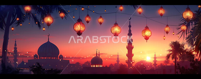 التصميم الهندسي التقليدي للفوانيس المزخرفة والتحف والاكسسوارات المعدنية, احتفال المسلمين بقدوم شهر الخير, صورة ظلية لزينة المساجد في المملكة العربية السعودية للاحتفال بالمناسبات والأعياد الاسلامية, أجواء روحانية رمضانية هادئة, سالويت