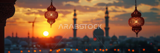 التصميم الهندسي التقليدي للفوانيس المزخرفة والتحف والاكسسوارات المعدنية, احتفال المسلمين بقدوم شهر الخير, صورة ظلية لزينة المساجد في المملكة العربية السعودية للاحتفال بالمناسبات والأعياد الاسلامية, أجواء روحانية رمضانية هادئة, سالويت