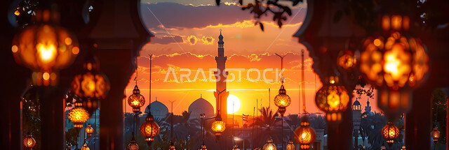 التصميم الهندسي التقليدي للفوانيس المزخرفة والتحف والاكسسوارات المعدنية, احتفال المسلمين بقدوم شهر الخير, صورة ظلية لزينة المساجد في المملكة العربية السعودية للاحتفال بالمناسبات والأعياد الاسلامية, أجواء روحانية رمضانية هادئة, سالويت