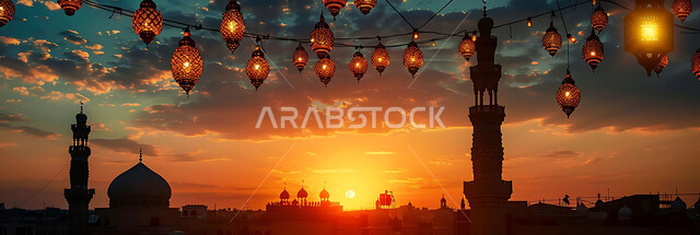 التصميم الهندسي التقليدي للفوانيس المزخرفة والتحف والاكسسوارات المعدنية, احتفال المسلمين بقدوم شهر الخير, صورة ظلية لزينة المساجد في المملكة العربية السعودية للاحتفال بالمناسبات والأعياد الاسلامية, أجواء روحانية رمضانية هادئة, سالويت
