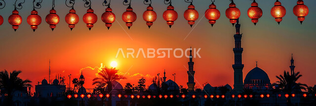 التصميم الهندسي التقليدي للفوانيس المزخرفة والتحف والاكسسوارات المعدنية, احتفال المسلمين بقدوم شهر الخير, صورة ظلية لزينة المساجد في المملكة العربية السعودية للاحتفال بالمناسبات والأعياد الاسلامية, أجواء روحانية رمضانية هادئة, سالويت