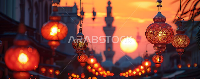 التصميم الهندسي التقليدي للفوانيس المزخرفة والتحف والاكسسوارات المعدنية, احتفال المسلمين بقدوم شهر الخير, صورة ظلية لزينة المساجد في المملكة العربية السعودية للاحتفال بالمناسبات والأعياد الاسلامية, أجواء روحانية رمضانية هادئة, سالويت