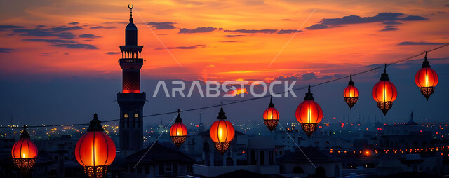 أنوار وزينة الأعياد والمناسبات الدينية, اكسسوارات وتحف شهر رمضان المبارك, تصاميم هندسية مزخرفة للفوانيس المعدنية المتوهجة للاحتفال بالأجواء الرمضانية الروحانية, صورة ظلية للمساجد الاسلامية أثناء غروب الشمس, سالويت