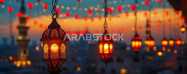 أنوار وزينة الأعياد والمناسبات الدينية, اكسسوارات وتحف شهر رمضان المبارك, تصاميم هندسية مزخرفة للفوانيس المعدنية المتوهجة للاحتفال بالأجواء الرمضانية الروحانية, صورة ظلية للمساجد الاسلامية أثناء غروب الشمس, سالويت