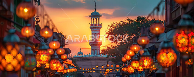 أنوار وزينة الأعياد والمناسبات الدينية, اكسسوارات وتحف شهر رمضان المبارك, تصاميم هندسية مزخرفة للفوانيس المعدنية المتوهجة للاحتفال بالأجواء الرمضانية الروحانية, خلفية المساجد الاسلامية أثناء غروب الشمس