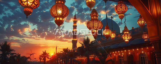 أنوار وزينة الأعياد والمناسبات الدينية, اكسسوارات وتحف شهر رمضان المبارك, تصاميم هندسية مزخرفة للفوانيس المعدنية المتوهجة للاحتفال بالأجواء الرمضانية الروحانية, خلفية المساجد الاسلامية أثناء غروب الشمس
